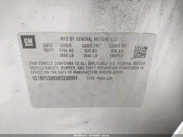 Aukcja sprzedaży 2017 Chevrolet Cruze Premier Auto, vin: 1G1BF5SM3H7238991, numer aukcji: 45912517