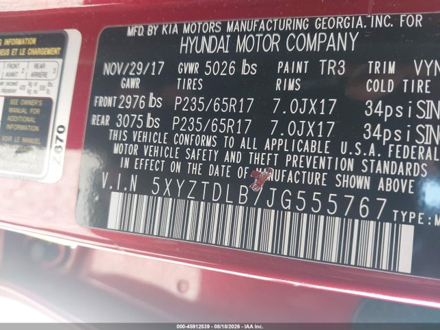 Продаж на аукціоні авто 2018 Hyundai Santa Fe Sport 2.4l, vin: 5XYZTDLB7JG555767, номер лоту: 45912539