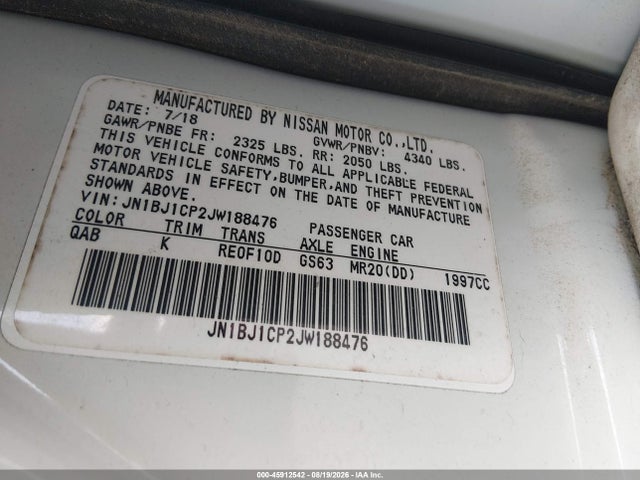 Aukcja sprzedaży 2018 Nissan Rogue Sport Sv, vin: JN1BJ1CP2JW188476, numer aukcji: 45912542