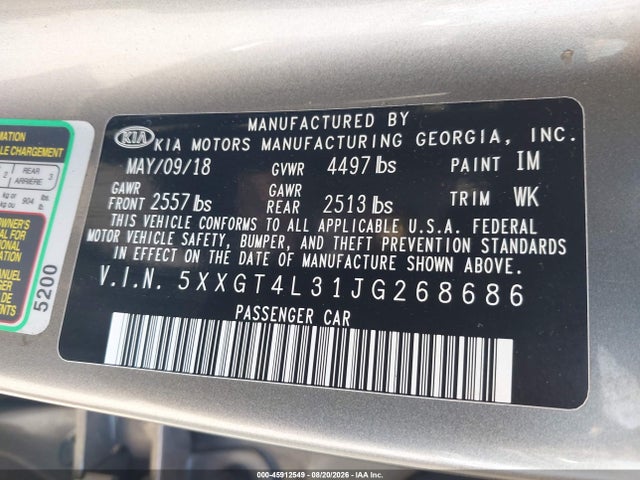 2018 Kia Optima Lx მანქანა იყიდება აუქციონზე, vin: 5XXGT4L31JG268686, აუქციონის ნომერი: 45912549