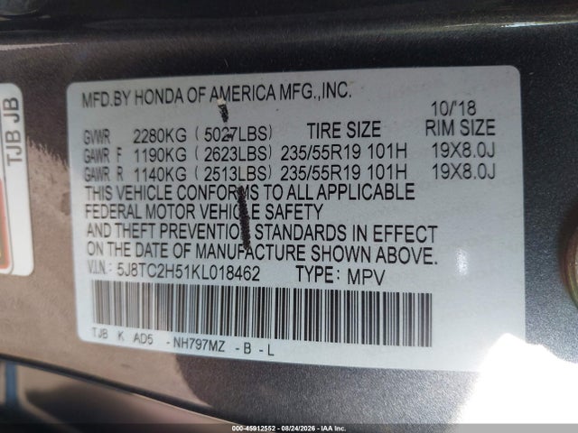 2019 Acura Rdx Technology Package მანქანა იყიდება აუქციონზე, vin: 5J8TC2H51KL018462, აუქციონის ნომერი: 45912552