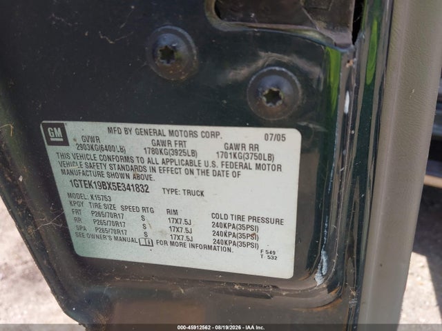 Продаж на аукціоні авто 2005 Gmc Sierra 1500 Slt, vin: 1GTEK19BX5E341832, номер лоту: 45912562