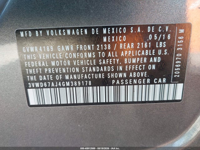 Продаж на аукціоні авто 2016 Volkswagen Jetta 1.4t Se, vin: 3VWD67AJ4GM389178, номер лоту: 45912569