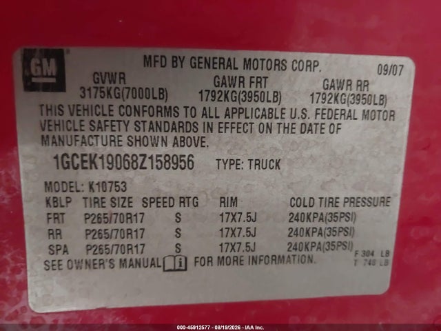 Aukcja sprzedaży 2008 Chevrolet Silverado 1500 Ltz, vin: 1GCEK19068Z158956, numer aukcji: 45912577