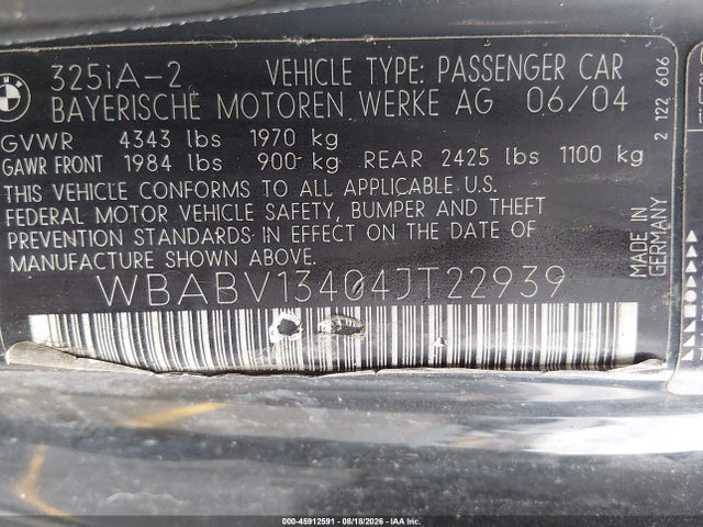 45912591 :رقم المزاد ، WBABV13404JT22939 vin ، 2004 Bmw 325ci مزاد بيع