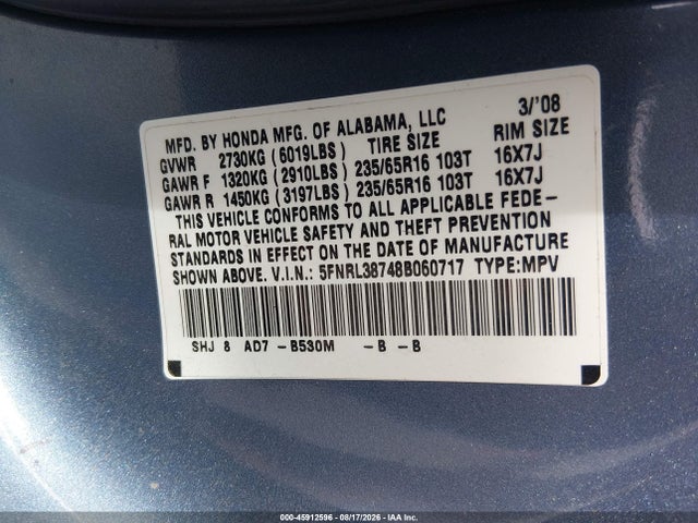 Продаж на аукціоні авто 2008 Honda Odyssey Ex-l, vin: 5FNRL38748B060717, номер лоту: 45912596