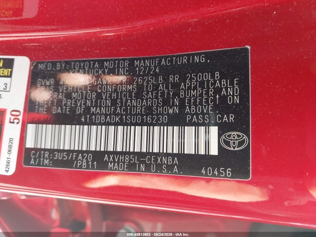 Продаж на аукціоні авто 2025 Toyota Camry Le, vin: 4T1DBADK1SU016230, номер лоту: 45912602