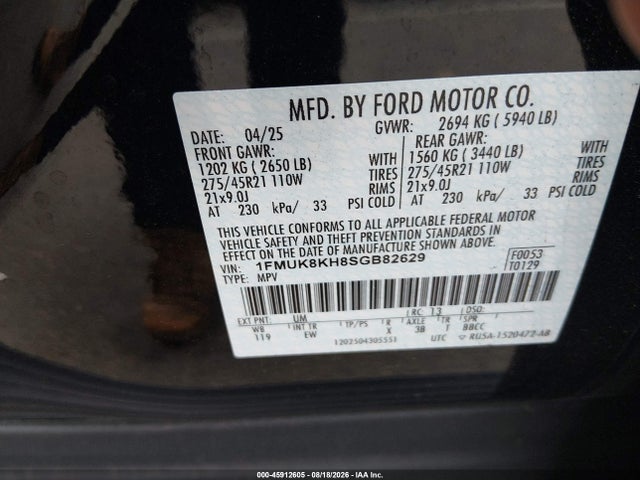 2025 Ford Explorer St-line მანქანა იყიდება აუქციონზე, vin: 1FMUK8KH8SGB82629, აუქციონის ნომერი: 45912605