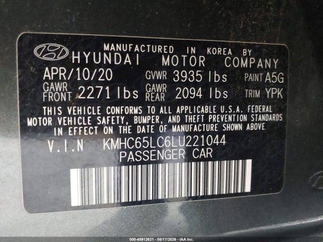 Продаж на аукціоні авто 2020 Hyundai Ioniq Hybrid Blue, vin: KMHC65LC6LU221044, номер лоту: 45912621