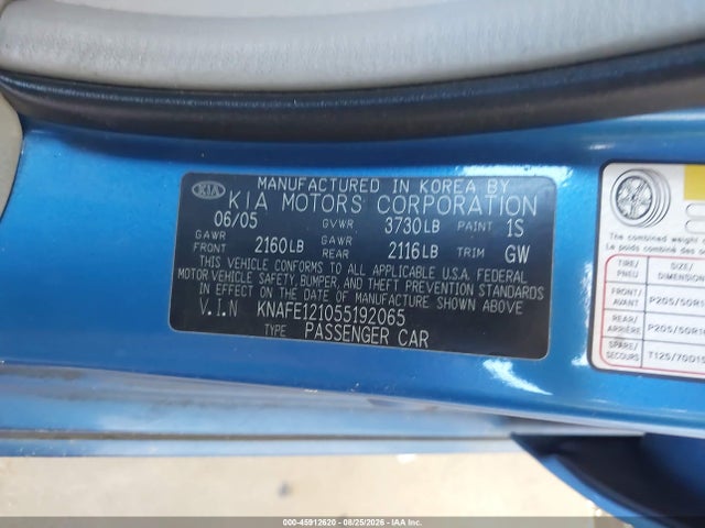 2005 Kia Spectra Ex/lx/sx მანქანა იყიდება აუქციონზე, vin: KNAFE121055192065, აუქციონის ნომერი: 45912620