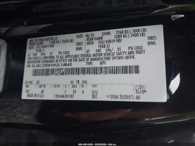 45912626 :رقم المزاد ، 5LMCJ3D91HUL14645 vin ، 2017 Lincoln Mkc Reserve مزاد بيع