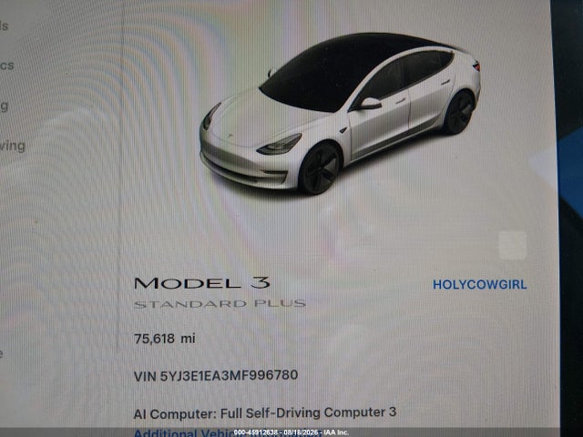 5YJ3E1EA3MF996780 Tesla Model 3 Standard Range Plus Rear-wheel Drive