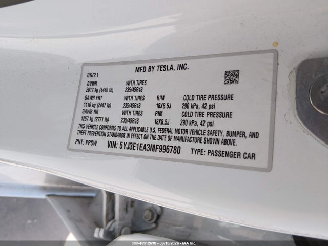 5YJ3E1EA3MF996780 Tesla Model 3 Standard Range Plus Rear-wheel Drive
