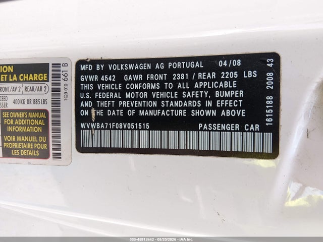 Aukcja sprzedaży 2008 Volkswagen Eos Komfort, vin: WVWBA71F08V051515, numer aukcji: 45912642