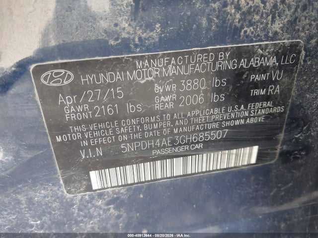 45912644 :رقم المزاد ، 5NPDH4AE3GH685507 vin ، 2016 Hyundai Elantra Se مزاد بيع