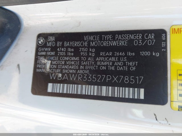 Aukcja sprzedaży 2007 Bmw 328i, vin: WBAWR33527PX78517, numer aukcji: 45912649