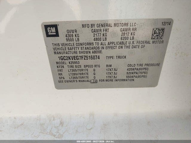45912660 :رقم المزاد ، 1GC2KVEG7FZ516074 vin ، 2015 Chevrolet Silverado 2500hd Built After Aug 14 Lt مزاد بيع