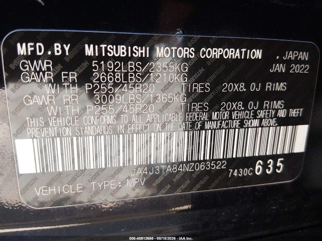 Aukcja sprzedaży 2022 Mitsubishi Outlander Es 2.5 2wd, vin: JA4J3TA84NZ063522, numer aukcji: 45912666