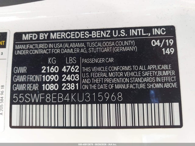 Продаж на аукціоні авто 2019 Mercedes-benz C 300 4matic, vin: 55SWF8EB4KU315968, номер лоту: 45912679