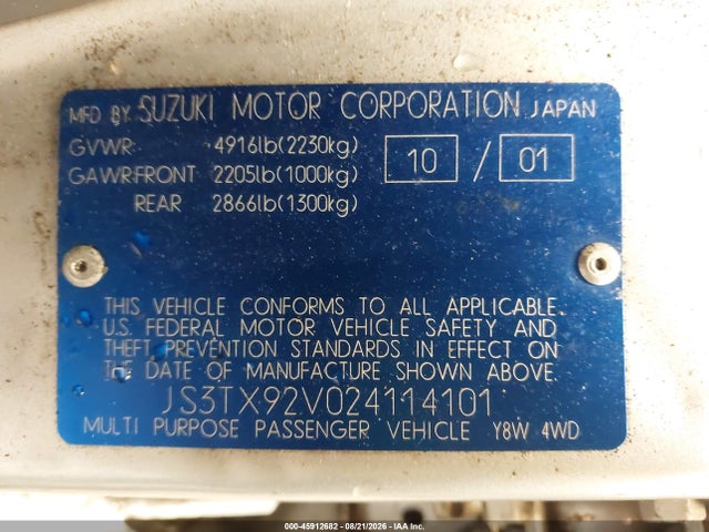 Auction sale of the 2002 Suzuki Xl-7, vin: JS3TX92V024114101, lot number: 45912682