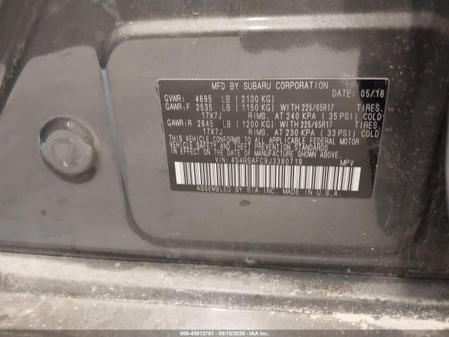 45912701 :رقم المزاد ، 4S4BSAFC9J3380719 vin ، 2018 Subaru Outback 2.5i Premium مزاد بيع