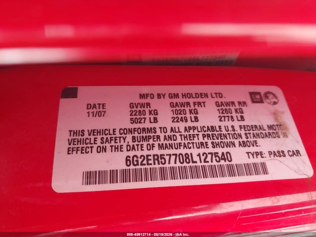 45912714 :رقم المزاد ، 6G2ER57708L127540 vin ، 2008 Pontiac G8 مزاد بيع