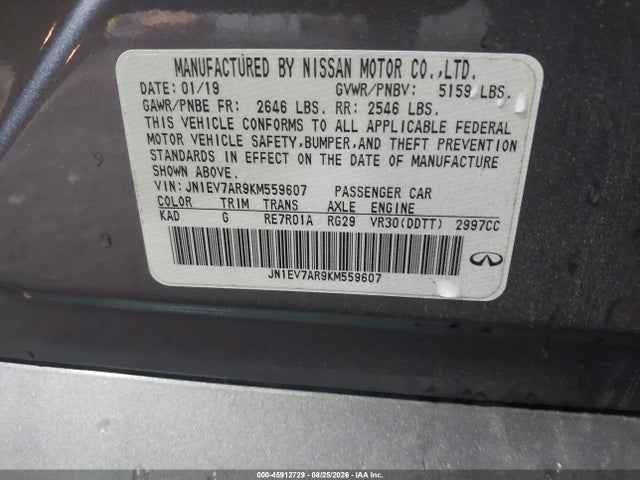 45912729 :رقم المزاد ، JN1EV7AR9KM559607 vin ، 2019 Infiniti Q50 3.0t Luxe مزاد بيع