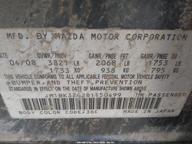 Aukcja sprzedaży 2008 Mazda Mazda3 I Touring Value, vin: JM1BK32G281150499, numer aukcji: 45912744