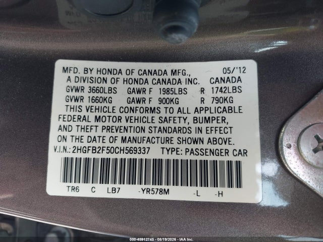 Aukcja sprzedaży 2012 Honda Civic Lx, vin: 2HGFB2F50CH569337, numer aukcji: 45912745