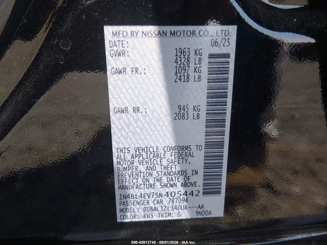 45912749 :رقم المزاد ، 1N4BL4EV7SN405442 vin ، 2025 Nissan Altima Sl Fwd مزاد بيع