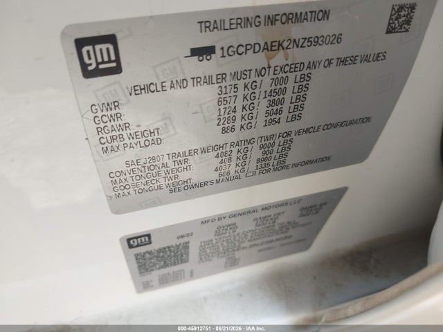 Продаж на аукціоні авто 2022 Chevrolet Silverado 1500 4wd  Short Bed Wt, vin: 1GCPDAEK2NZ593026, номер лоту: 45912751