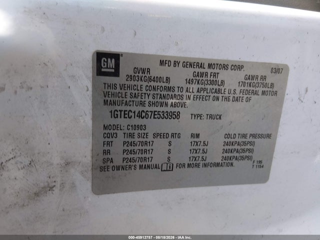 Aukcja sprzedaży 2007 Gmc Sierra 1500 Work Truck, vin: 1GTEC14C67E533958, numer aukcji: 45912757