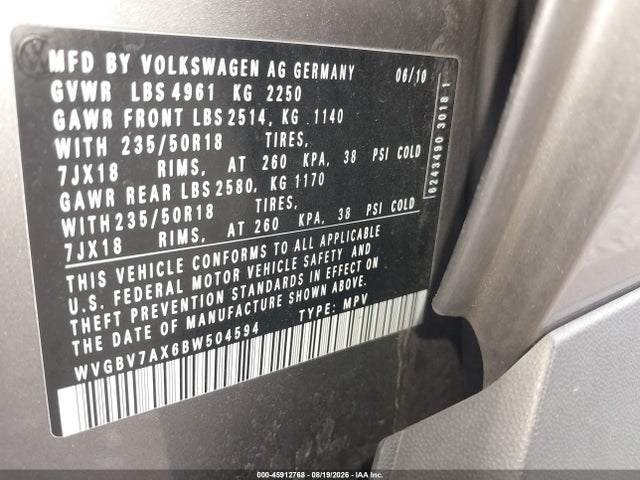 2011 Volkswagen Tiguan Se მანქანა იყიდება აუქციონზე, vin: WVGBV7AX6BW504594, აუქციონის ნომერი: 45912768