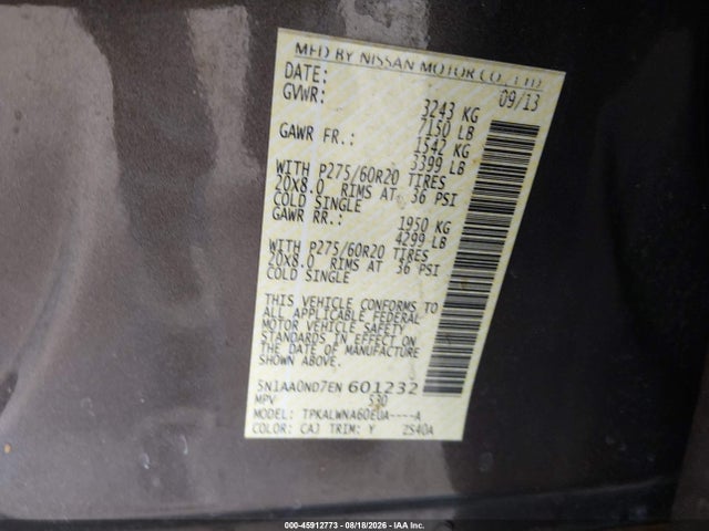 2014 Nissan Armada Platinum მანქანა იყიდება აუქციონზე, vin: 5N1AA0ND7EN601232, აუქციონის ნომერი: 45912773