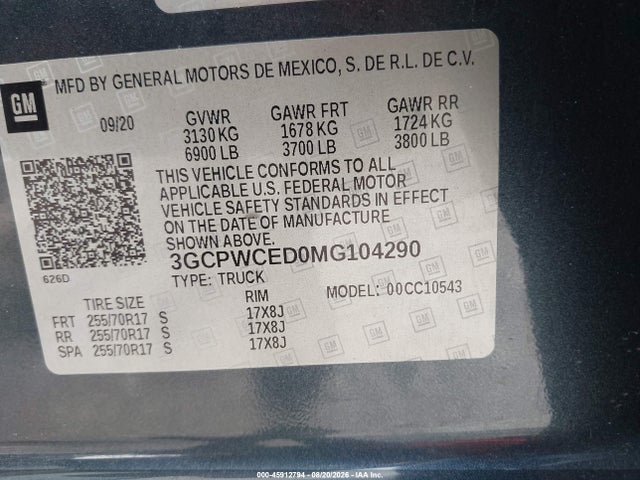 45912794 :رقم المزاد ، 3GCPWCED0MG104290 vin ، 2021 Chevrolet Silverado 1500 2wd  Short Bed Lt مزاد بيع