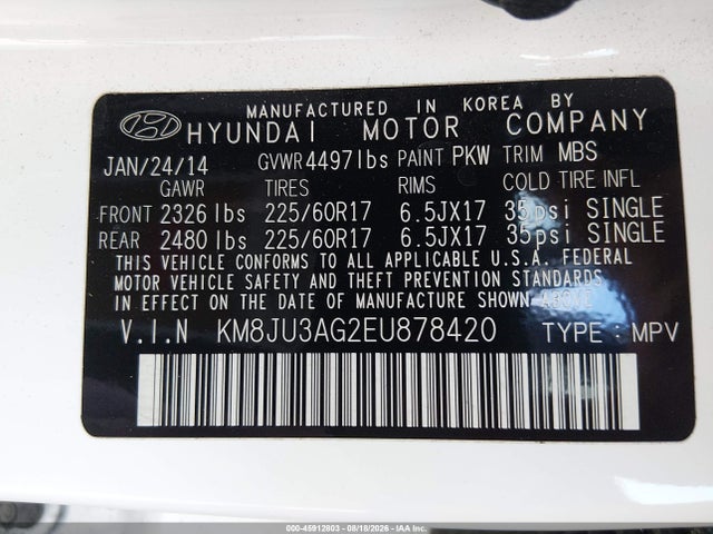 Hyundai TUCSON SE 2014 KM8JU3AG2EU878420 Image 9