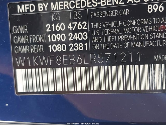 45912811 :رقم المزاد ، W1KWF8EB6LR571211 vin ، 2020 Mercedes-benz C 300 4matic مزاد بيع