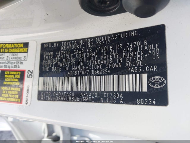 Auction sale of the 2018 Toyota Camry Se, vin: 4T1B11HK7JU562324, lot number: 45912822