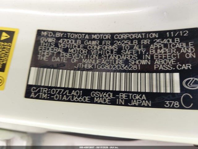 Продажа на аукционе авто 2013 Lexus Es 350, vin: JTHBK1GG8D2036281, номер лота: 45912837