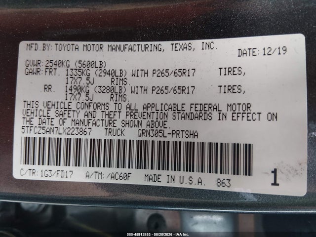 2020 Toyota Tacoma Trd Sport მანქანა იყიდება აუქციონზე, vin: 5TFCZ5AN7LX223867, აუქციონის ნომერი: 45912853
