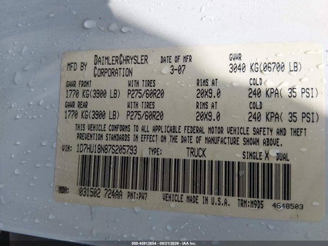 45912854 :رقم المزاد ، 1D7HU18N87S205793 vin ، 2007 Dodge Ram 1500 St/slt مزاد بيع