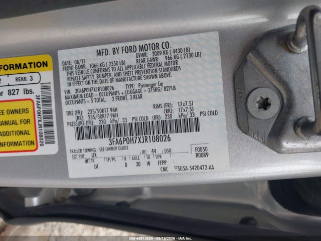 2018 Ford Fusion Se მანქანა იყიდება აუქციონზე, vin: 3FA6P0H7XJR108026, აუქციონის ნომერი: 45912859