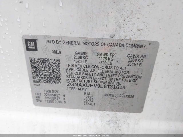 45912870 :رقم المزاد ، 2GNAXUEV9L6131619 vin ، 2020 Chevrolet Equinox Awd Lt 1.5l Turbo مزاد بيع