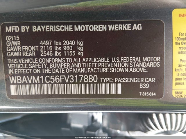 Aukcja sprzedaży 2015 Bmw X1 Sdrive28i, vin: WBAVM1C56FV317880, numer aukcji: 45912876