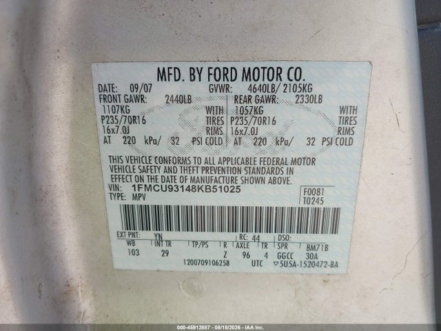 45912887 :رقم المزاد ، 1FMCU93148KB51025 vin ، 2008 Ford Escape Xlt مزاد بيع