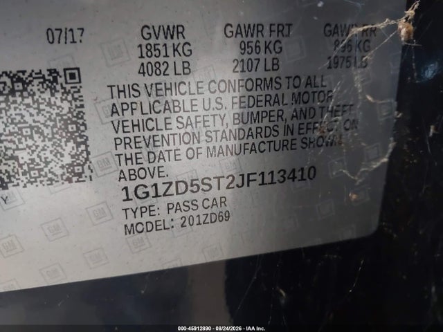 2018 Chevrolet Malibu Lt მანქანა იყიდება აუქციონზე, vin: 1G1ZD5ST2JF113410, აუქციონის ნომერი: 45912890