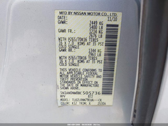 Продаж на аукціоні авто 2011 Nissan Xterra S, vin: 5N1AN0NW8BC505736, номер лоту: 45912895