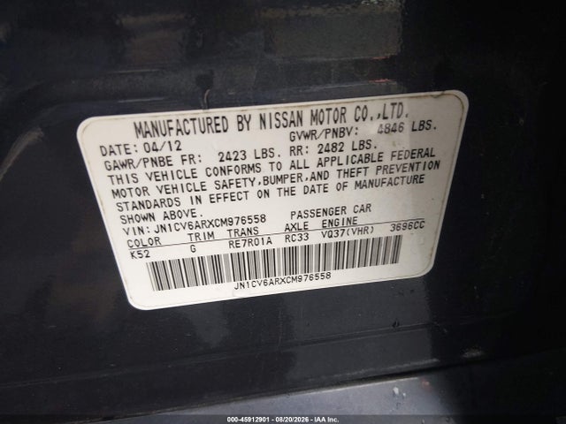 Продажа на аукционе авто 2012 Infiniti G37x, vin: JN1CV6ARXCM976558, номер лота: 45912901