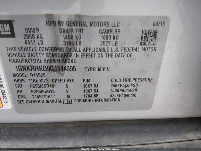 45912903 :رقم المزاد ، 1GNKRHKD9GJ344595 vin ، 2016 Chevrolet Traverse 2lt مزاد بيع