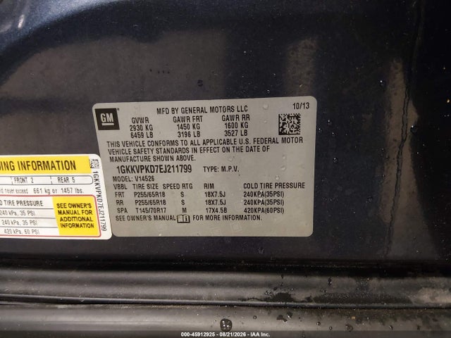 2014 Gmc Acadia Sle-2 მანქანა იყიდება აუქციონზე, vin: 1GKKVPKD7EJ211799, აუქციონის ნომერი: 45912925